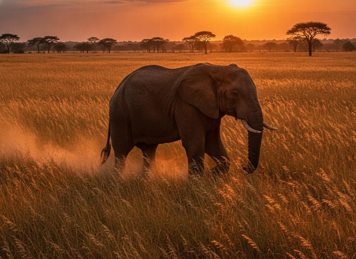 Elephant in golden grass