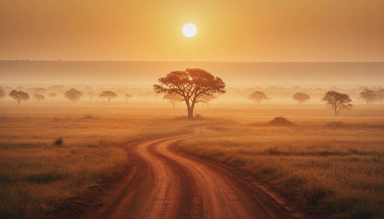 Savanna sunrise with marula tree